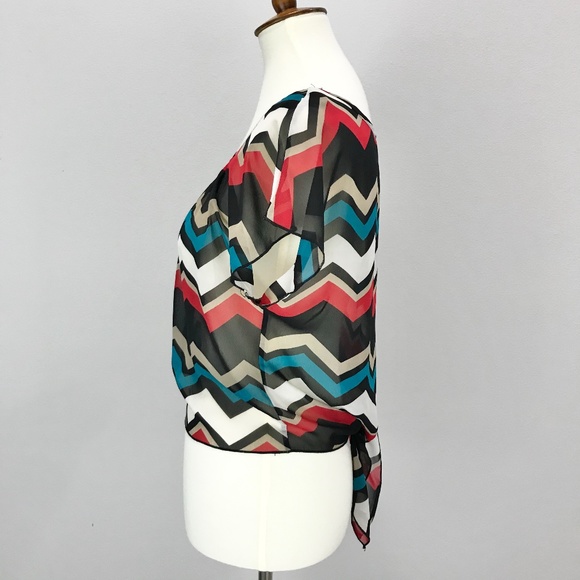 A'gaci Teal Zig Zag Chevron Chiffon Tie Back Top - Picture 5 of 14